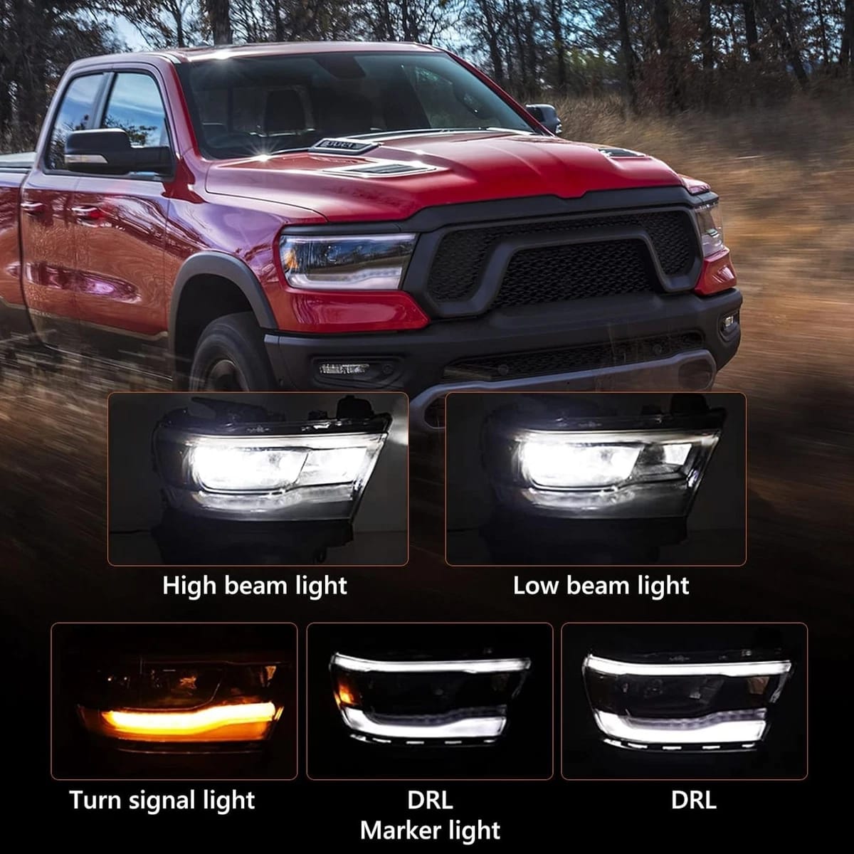 DODGE For 2019-2023 RAM 1500 Passenger Right Black Full LED Reflector Headlight DRL